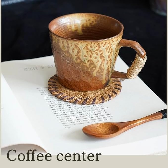 10oz Retro Vintage Japanese Style Handmade Ceramic Tea Cup with Handle, Lead-Free Reactive Glaze Artisanal Coffee Mug, Handmade Pottery Tea Mug for office and home,for Latte and Cappuccino,Brown