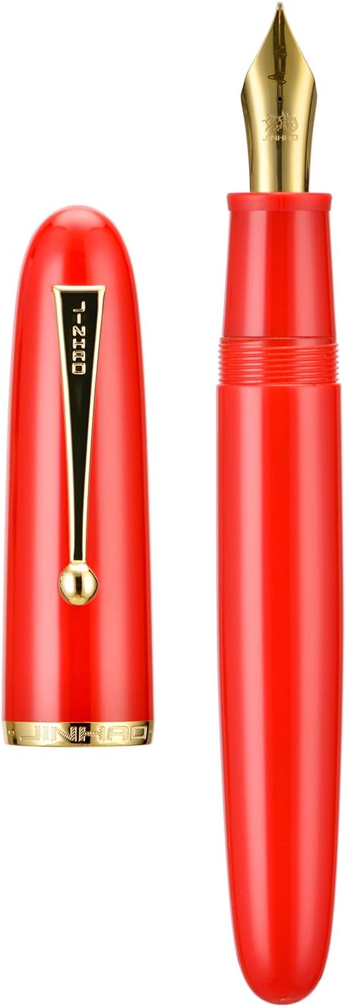 Jinhao 9019 DaDao Series Fountain Pen, Size 8 Fine Heartbeat Nib with Large Ink Converter, Bright Red Acrylic Design Smooth Writing Pen (Gold Trim)