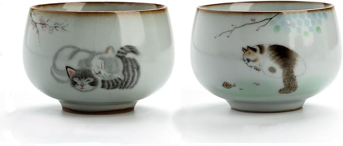 Master Teacup set of 2 cute cat tenmokus teacup Kungfu Tea Cup chinese tea set Ceramic Handmade Ceremonial Matcha Tea Mug
