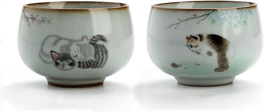 Master Teacup set of 2 cute cat tenmokus teacup Kungfu Tea Cup chinese tea set Ceramic Handmade Ceremonial Matcha Tea Mug