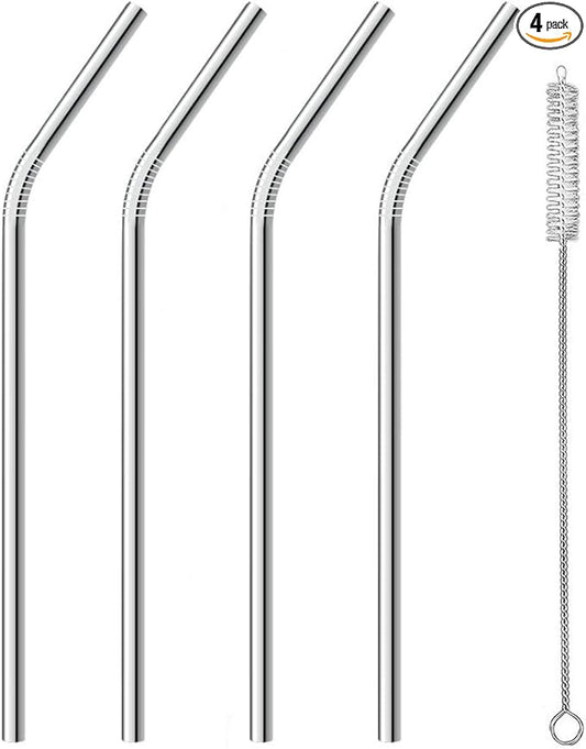 ALINK Stainless Steel Smoothie Straws, 9" X 8mm Set of 4 with Cleaning Brush - Bent