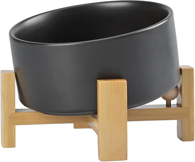 SPUNKYJUNKY 15° Slanted Ceramic Dog and Cat Bowl with Wooden Stand, Tilted Bulldog Food and Water Bowl No Slip Non-Spill for Cats Medium Dogs Big Face Pets 28.7 OZ (3.6 Cups, Black)