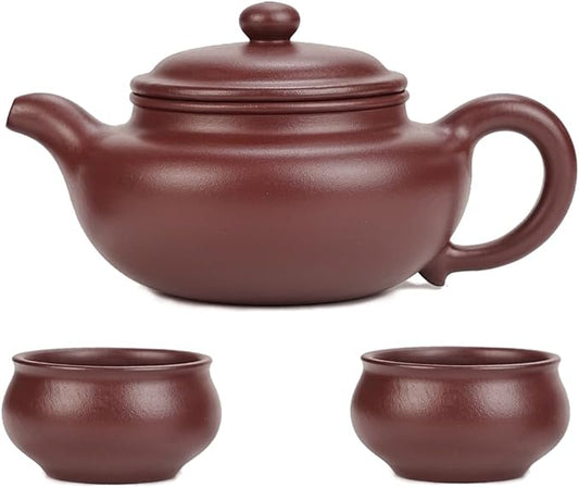 Artisan Yixing Clay Teapot 12.8 Oz with 2 Cups,Handmade Zisha Tea Pot Set -Fanggu