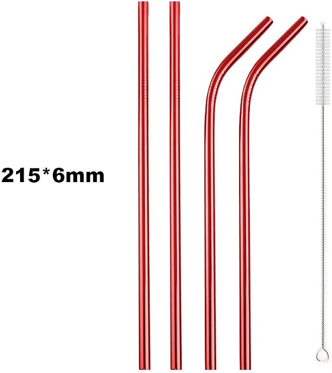 JASHII 2 Set Reusable Portable Metal Straws Stainless Steel Eco-friendly Drinking Straw with Travel Cloth Bag (4 Bent 4 Straight 2 Brush),Red