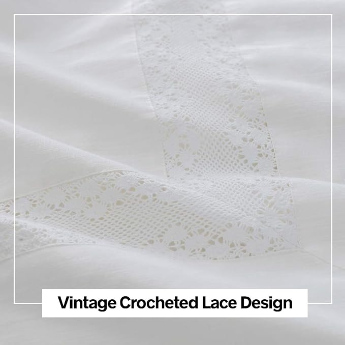 BISELINA Linen Duvet Cover Set 2pcs French Vintage Crocheted Lace Flax Cotton Blend Solid Color Shabby Chic Boho Luxury Farmhouse Bedding (Twin, Lace White)