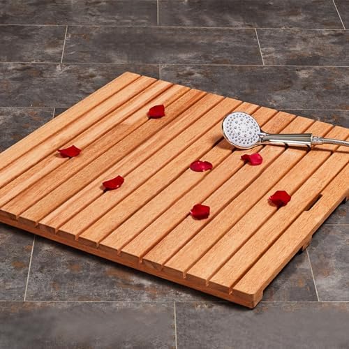 Teak Shower Mat Foldable Luxury Wooden Non-Slip Wood Bath Mat for Bathroom Bathtub Indoor Outdoor,Bamboo Bath Mat for Shower Spa Waterproof Anti Slip Wooden Mat Rectangular Design Handle 100