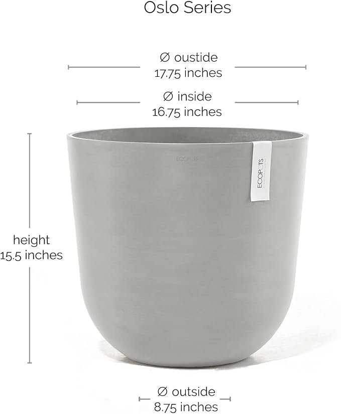 Ecopots Oslo Durable Modern Round Indoor/Outdoor Recycled-Based Composite Flower Pot Planter, White Grey, 17.75"