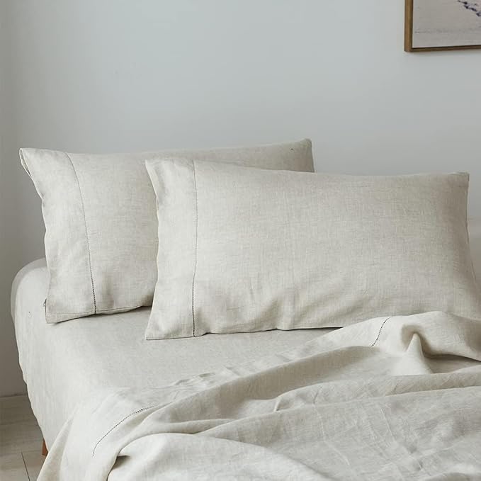 100% French Linen Pillowcases with Handmade Hemstitch Lace - Pack of 2 - Washed Solid Color Natural Flax Soft Breathable - Linen, 20'' x 30''