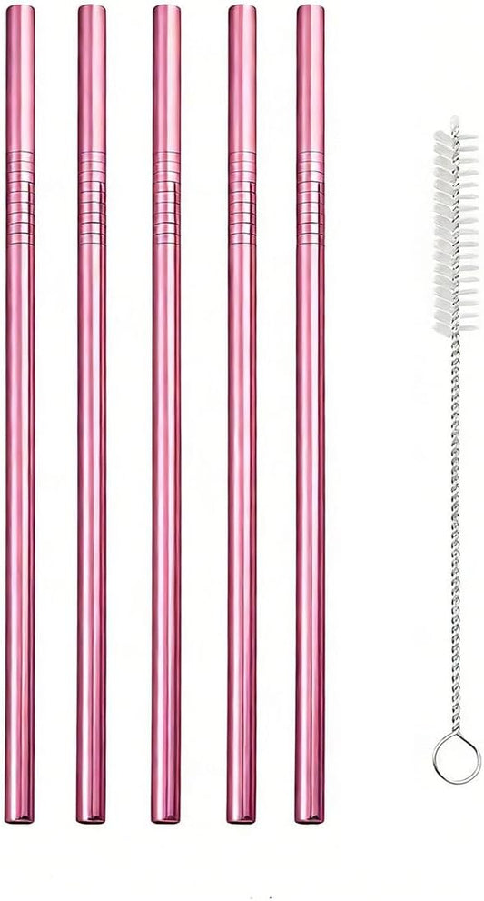 Reusable Metal Straws,10.5" Stainless Steel Straws,Easy to Use(5 PCS,Rose pink)