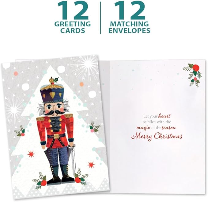 Tree-Free Greetings - Season's Greeting Cards - Artful Designs - 12 Cards + Matching Envelopes - Made in USA - 100% Recycled Paper - 5 x 7 - Nutcracker Joy (VP80735)