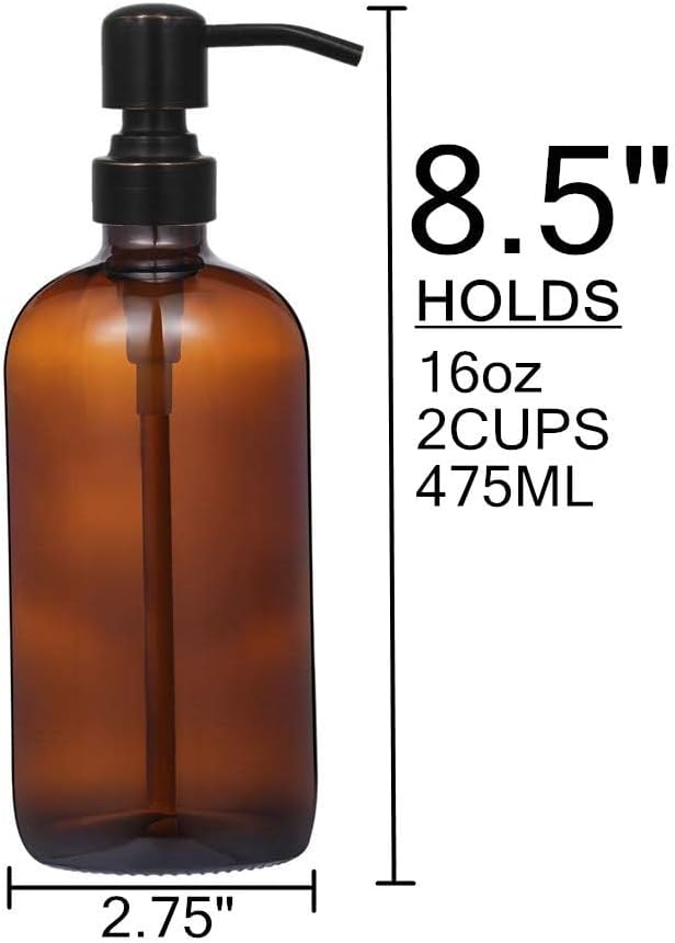 Amber Glass Jar Soap Dispenser with Oil Rubbed Bronze Pump,16oz Round Bottle Dispenser with Stainless Steel Pump, Bathroom Soap Dispenser Set for Home Decor, Farmhouse & Kitchen Decor