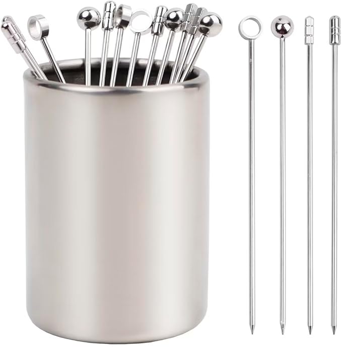 Lexenic 12-Piece Cocktail Picks Set with Holder, Premium 304 Stainless Steel Martini Skewers, Reusable Garnish Sticks for Olives, Appetizers & Fruit (4 Styles Needle Silvery)