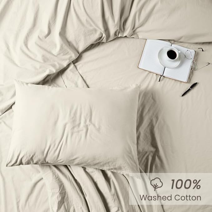 BIOWEAVES 100% Organic Washed Cotton Percale Weave Sheets Queen | GOTS Certified Sheets for Queen Size Bed, 17” Deep Pocket – 4 Piece Set, F Dew