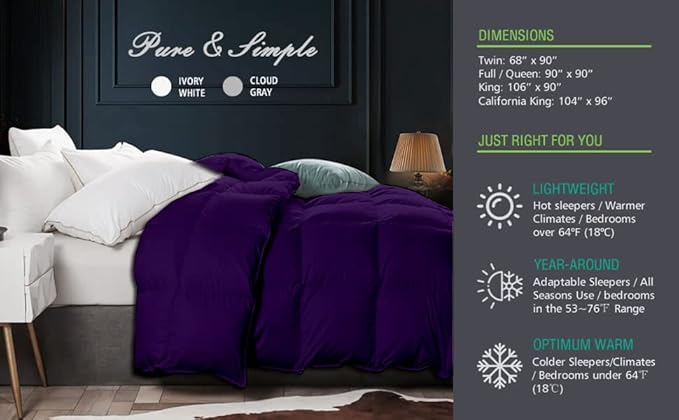 9.8 NEWTON Eco Friendly All Season Down Alternative Comforter Super King Plus, 120x120 inch Purple Comforter Duvet Insert, 100% Microfiber Cotton, 1000-TC, 700+ Fill Power-120"x120"
