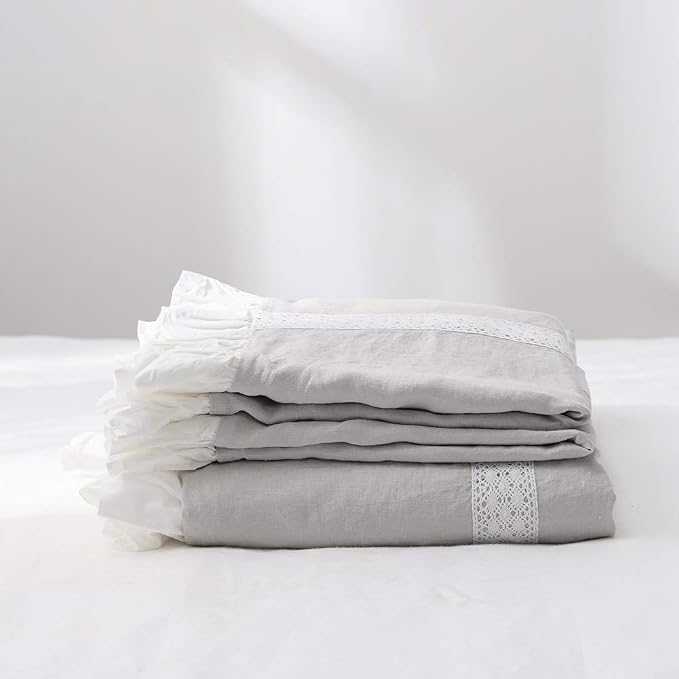 Simple&Opulence 100% Linen Duvet Cover Set (78"X86") Floral Flax Full Size, Shabby Chic Ruffle Edge Lace Insert Decoration, 3 Pcs Farmhouse Bedding-1 Comforter Cover 1 Pillow Shams, Floral Grey