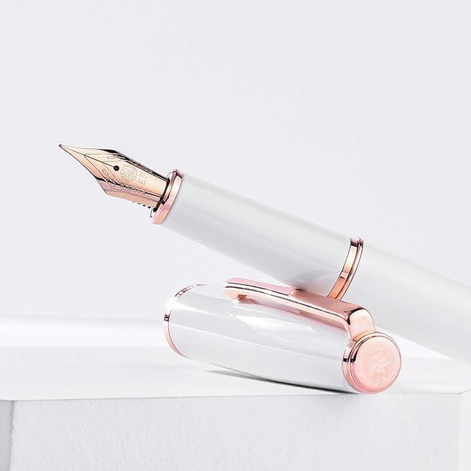 Hongdian 920 White Fountain Pen, Rose Gold Plated Medium Nib Smooth Writing Pen, Classic Pen with Ink Converter