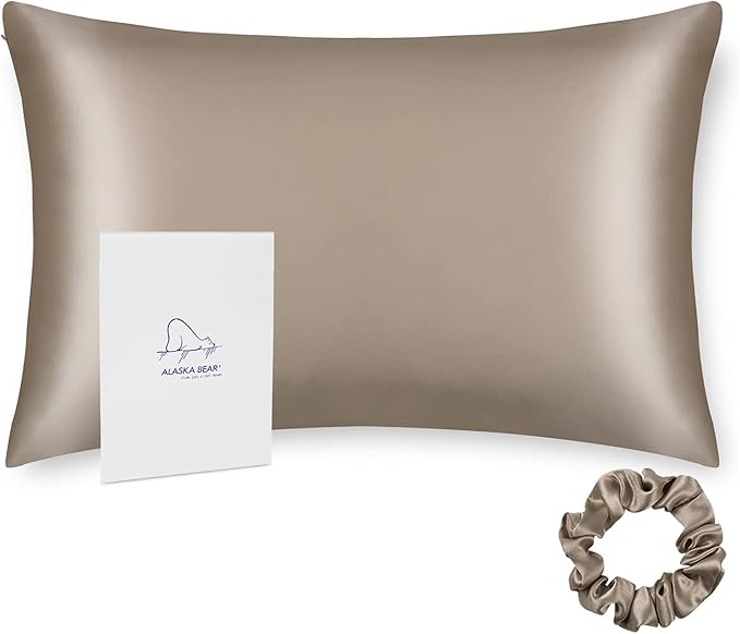 ALASKA BEAR Silk Pillowcase for Hair and Skin, 100% Mulberry Silk Pillow Cases Queen Size for Bliss Sleep with Random Color Scrunchy Gift Set Better Than Poly Satin, 1pc, Khaki