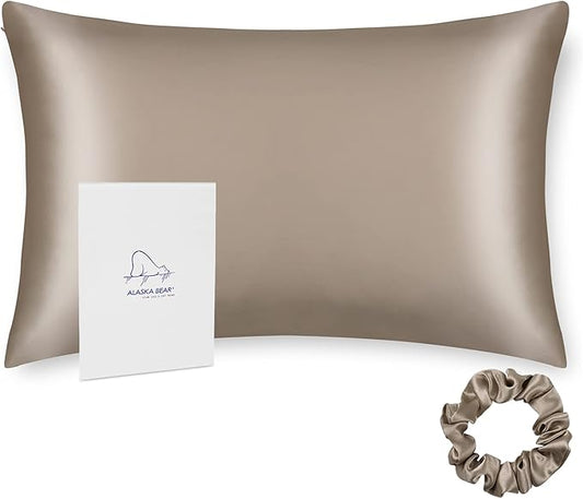 ALASKA BEAR Silk Pillowcase for Hair and Skin, 100% Mulberry Silk Pillow Cases Queen Size for Bliss Sleep with Random Color Scrunchy Gift Set Better Than Poly Satin, 1pc, Khaki