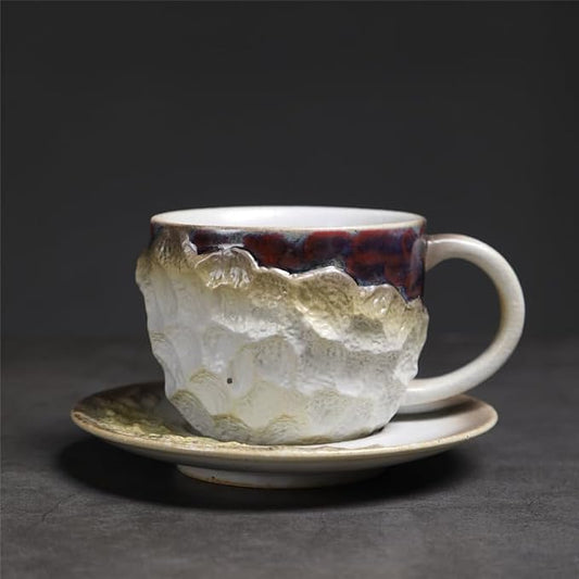 Handmade Irregular Ceramic Coffee Mug with Saucer, Kiln Flowing Glaze Wabi Sabi Latte Tea Cup Set, set of 1, 200ml (YUNSHI02)