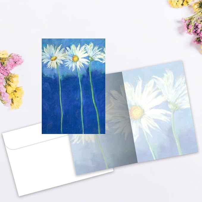Tree-Free Greetings Daisies on Blue All Occasion Cards - 12 Recycled 4x6 Cards & White Envelopes, Thick Cardstock, Sustainably Made in USA - Nostalgic Summer Flowers