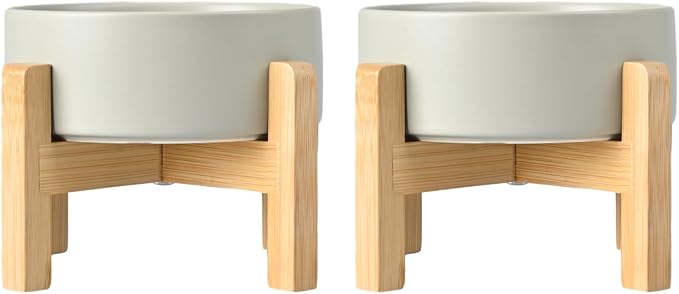 SPUNKYJUNKY Ceramic Elevated Dog Bowls 2 Pack - 5.1inch Raised Dog Bowls with Non-Slip Wooden Stand for Small Dogs Dishwasher Safe(Grey,13.5OZ*2)