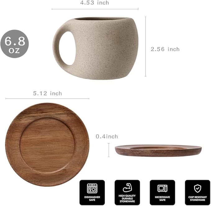 6 Oz Coffee Cup Mug Espresso Cups Set, Ceramic Cup with Natural Acacia Wood Saucer for Espresso, Latte, Cappuccino Coffee, Tea, Unglazed Porcelain Arty Mug (Natural Earthiness Finish)