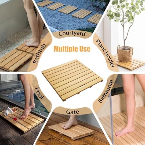 Wooden Shower Mat Non Slip Bathroom Floor for Bathtub Pool Use Commercial Grade Waterproof Bath,Natural Wooden Shower Mat, Non-Slip Bath Foot Pedal with Handle & Drain Bo