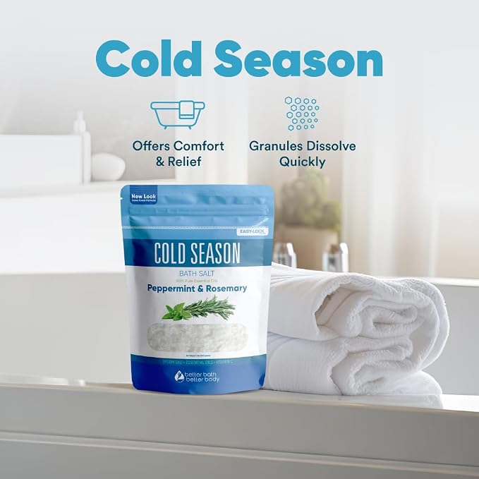 Cold Season Bath Salt 32 Ounces (2 Lbs) USP Grade Epsom Salt with Natural Rosemary and Peppermint Pure Essential Oils Plus Vitamin C in BPA Free Pouch with Easy Press Lock Seal Made in USA