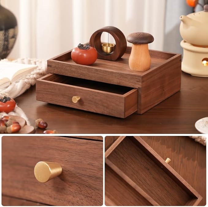 Solid Walnut Wood Desk Drawer Organizer – 1/2 Tier Desktop Storage Box with Drawers for Stationery, Makeup, Jewelry, Remote Control (Single)
