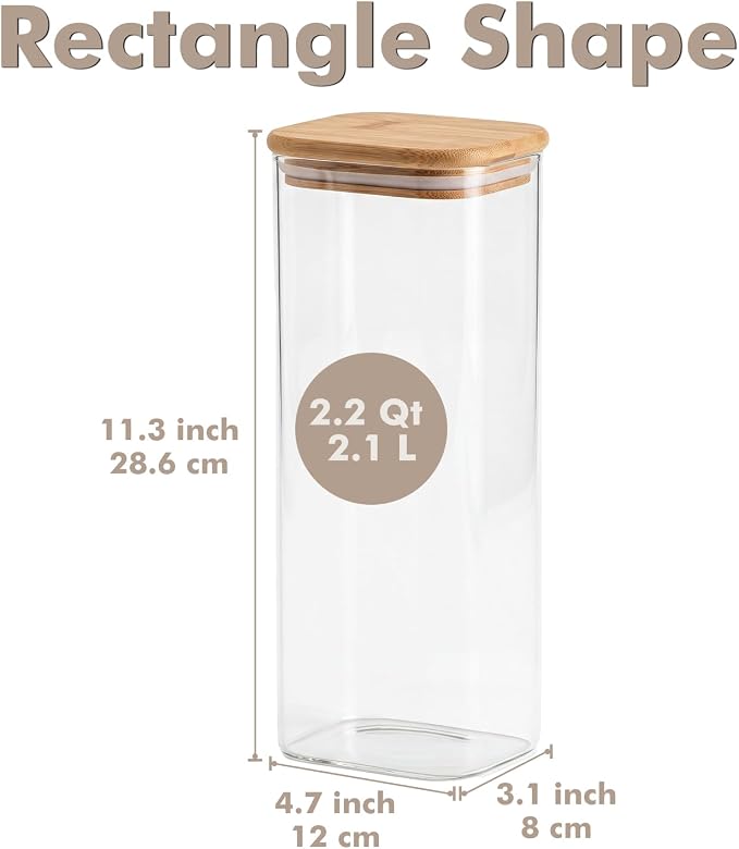 3-Pack 2.2Qt Rectangle Glass Spaghetti Jars with Bamboo Lids | Minimalist Kitchen Organizer,Scandinavian Style Storage,Nordic Style Storage,Food Storage Canister for Pasta, Penne, Macaroni