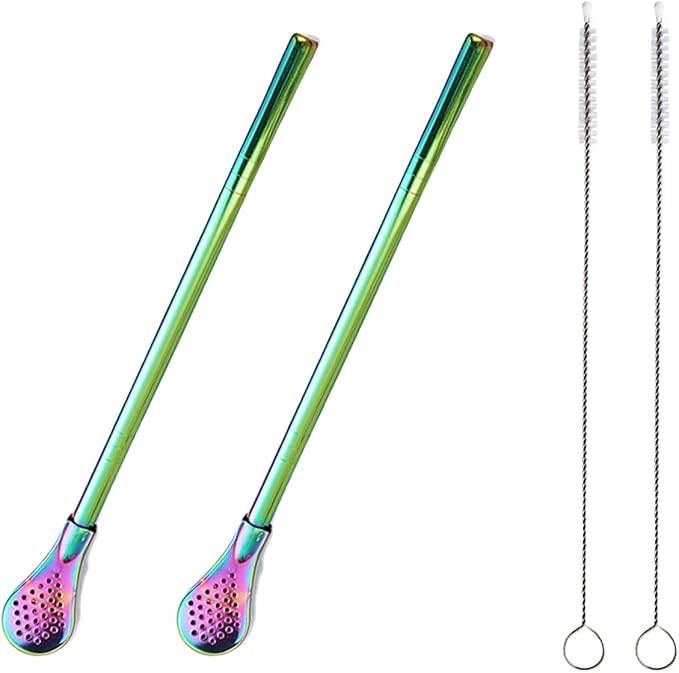 2 Pieces Stainless Steel Straw Spoon Filter with 2 Cleaning Brush, Reusable Tea Spoon for Loose Tea, Yerba Mate Straw, Metal Drinking Straws, Coffee Stirrers for Drinks Milk Beverage (Colorful)