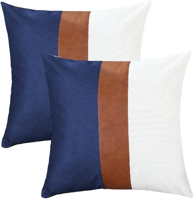 TAOSON Set of 2, Cotton Canvas & Faux Leather Pillow Covers 18x18 Inch - Navy Blue White Brown Patchwork Striped Throw Pillow Cases Modern Farmhouse Cushion Covers for Sofa