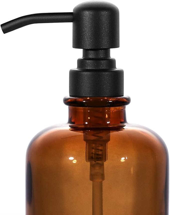 2 PCS Thick Amber Glass Jar Soap Dispenser with Matte Black Stainless Steel Pump, 12ounce Boston Round Bottles Dispenser with Rustproof Pump for Essential Oil (Matte Black)
