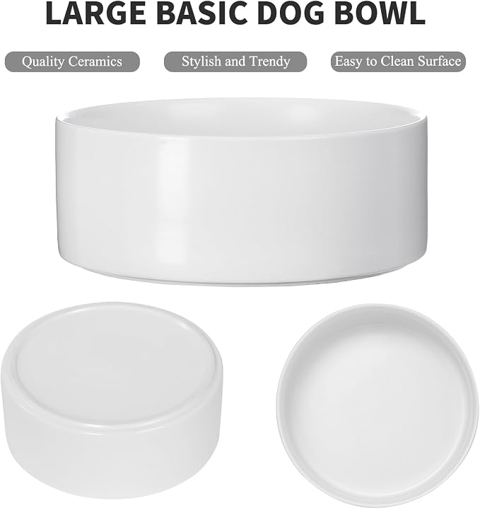 8'' Ceramic Dog Bowl - 70Oz Classic Dogs Food & Water Bowl for Medium and Large Breeds, Heavy-Duty Non-Slip Dog Dish, Food Grade Stoneware Pet Bowl, Dishwasher & Microwave Safe, White