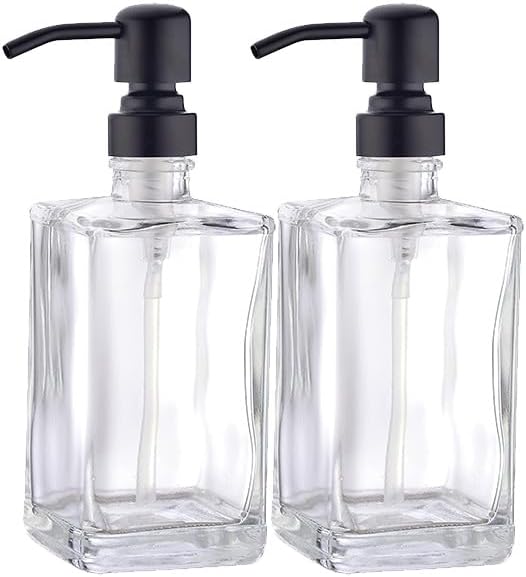 Glass Soap Dispenser Set, Matte Black Stainless Steel Pump & Clear Square Glass Soap Dispenser Bottle, 2 X 13.5oz Refillable Liquid Hand Soap Jar for Kitchen & Bathroom