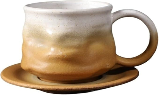 Handmade gradient ceramic coffee cup and saucer set, 8-ounce ceramic mug, distinctive glaze technology, microwave/dishwasher safe for coffee, tea, latte, rustic craftsman style(Gradient yellow)