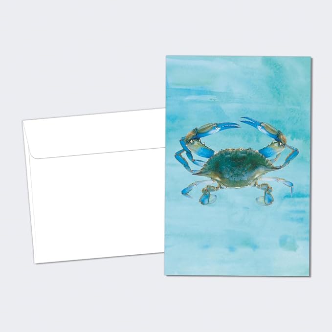 Tree-Free Greetings Blue Crab All Occasion Cards - 12 Recycled 4x6 Notecards & White Envelopes, Thick Cardstock, Sustainably Made in USA - Watercolor Ocean Art