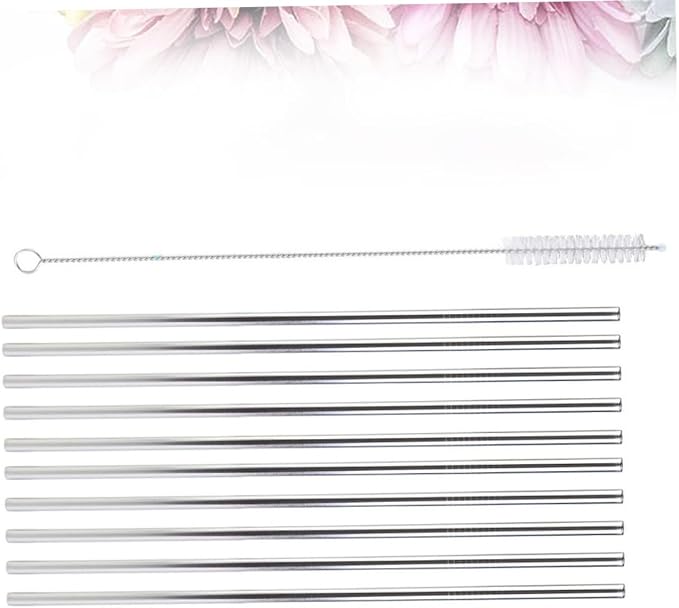 Unomor 11pc Stainless Steel Drinking Straws Reusable Set Straight No Metal Taste for Drinks