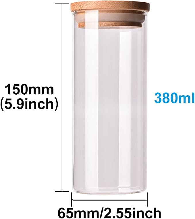 Glass Food Storage Containers with Bamboo Lids Airtight Food Storage Jar Glass Jar Kitchen Canisters for Pasta, Rice, Flour, Sugar(380ml, 65x150mm)