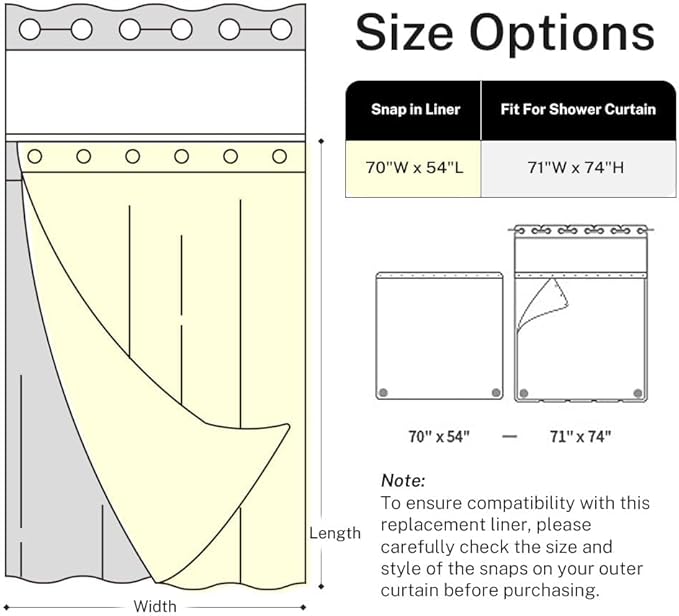 River Dream 2 Pack Snap in Shower Curtain Liner Replacements 70 x 54, White, with Magnets ，Removable Liner ，Plastic(PEVA)