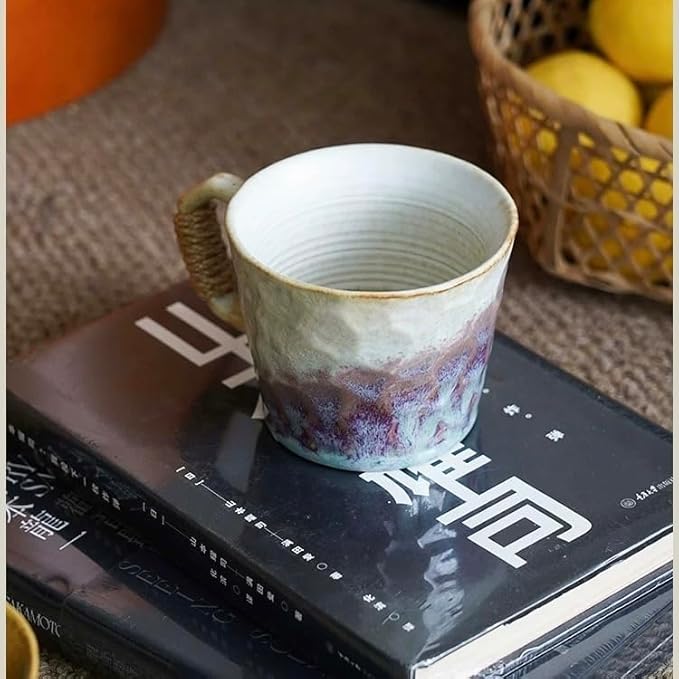 10oz Retro Vintage Japanese Style Handmade Ceramic Tea Cup with Handle, Lead-Free Reactive Glaze Artisanal Coffee Mug, Handmade Pottery Tea Mug for office and home,for Latte and Cappuccino,Purple