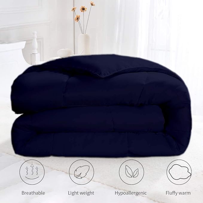 All Season Hypoallergenic Luxurious Down Alternative Cotton Comforter, Ultra-Soft 750 Fill-Power Oversized Queen Size Measures 98" x 98", Navy Blue