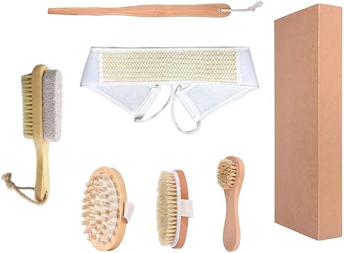 Dry Brushing Body Brush Set, Natural Boar Bristle Dry Brush, Bamboo Exfoliating Body, Face, Foot, Long Handle Back Scrubber Brush for A Glowing Skin, 5 Pack