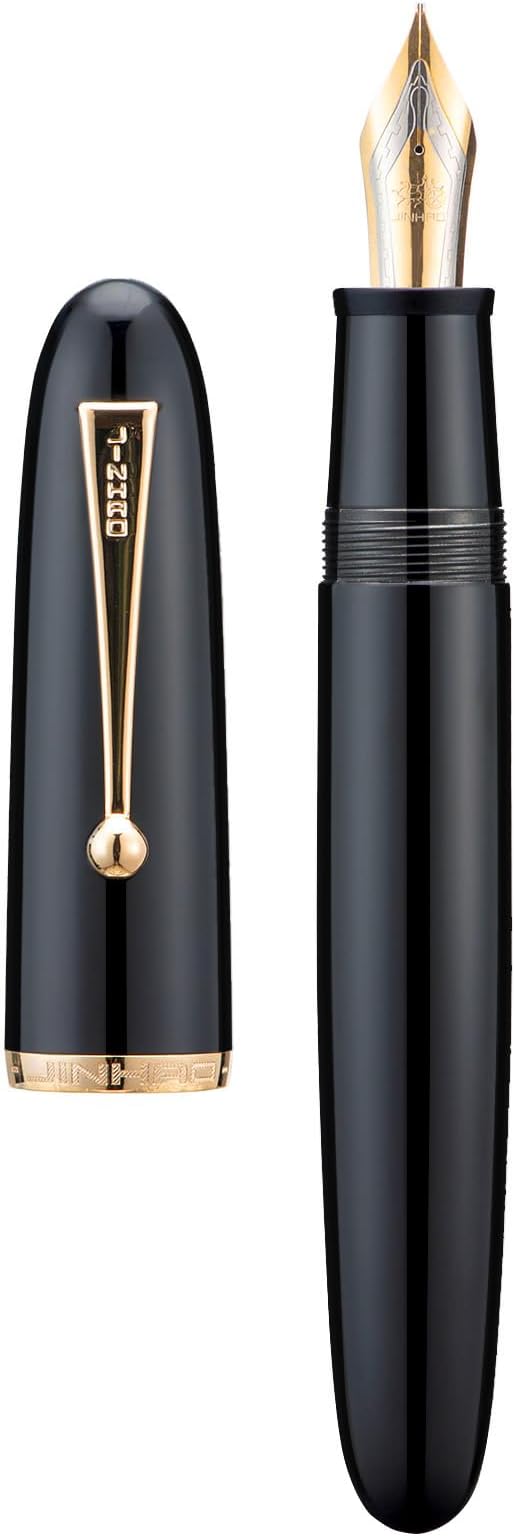 Jinhao 9019 DaDao Series Fountain Pen, Size 8 Extra Fine Nib with Large Ink Converter, Piano Black Acrylic Design Smooth Writing Pen (Gold Trim)