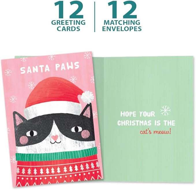 Tree-Free Greetings - Happy Holidays Greeting Cards - Artful Designs - 12 Cards + Matching Envelopes - Made in USA - 100% Recycled Paper - 5"x7" - Santa Paws (HP60510)