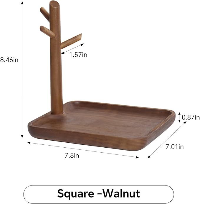 Black Walnut Solid Wood Key Dish Bowl for Entryway Table Square Tray With 3 Hooks, Open Storage for Keys, Wallet, Jewelry (Walnut, Square)