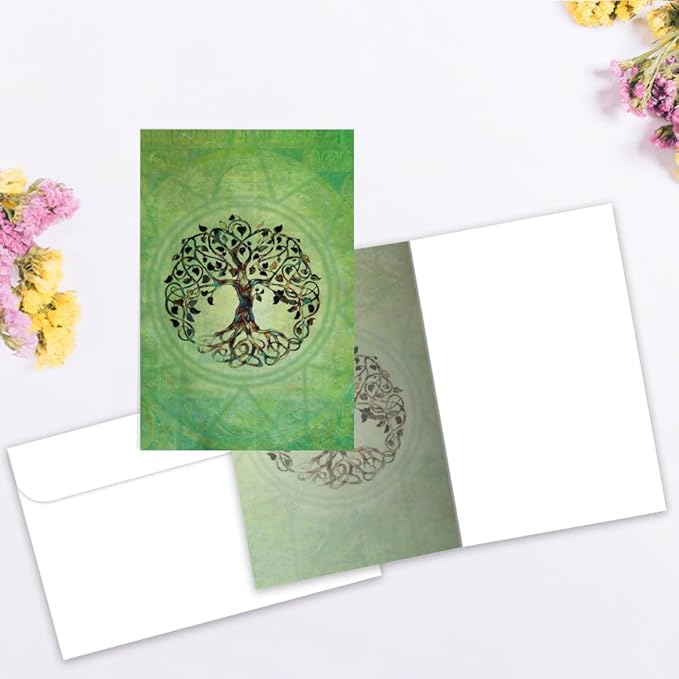 Tree-Free Greetings Tree of Life All Occasion Cards - 12 Recycled 4x6 Notecards & White Envelopes, Thick Cardstock, Sustainably Made in USA - Green New Age Art