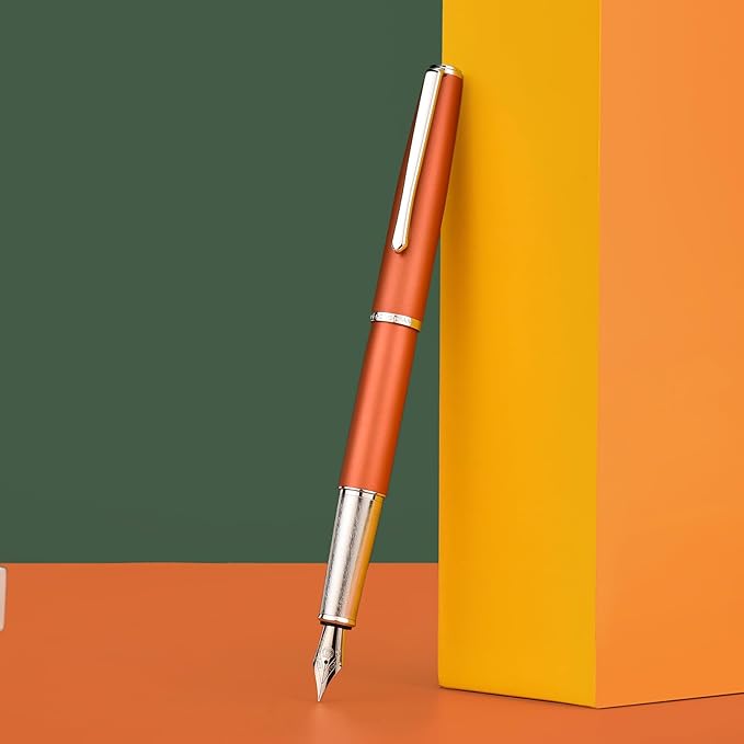 Hongdian 920 Orange Metal Fountain Pen, Steel Fine Point Classic Pen, Includes Refillable Converter and Pen Pouch