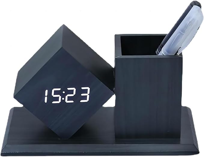Multifunctional LED Desk Clock with LCD Temperature Calendar 3 Level Brightness Adjustment Sound Activated Pencil Pen Holder Desk Organizers for Home Office