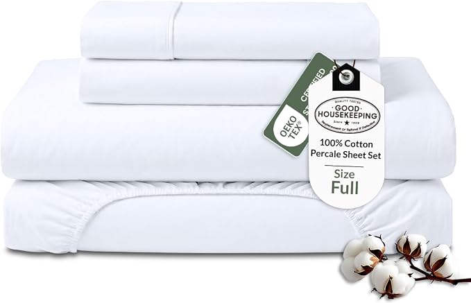 ROYALE LINENS 100% Organic Cotton Full Sheet Set - Percale Weave - 4 Pieces Set - 1 Flat, 1 Deep Pocket Fitted Sheet and 2 Pillowcases - White Bed Sheets - Sábanas Full - Crisp Cool (White)